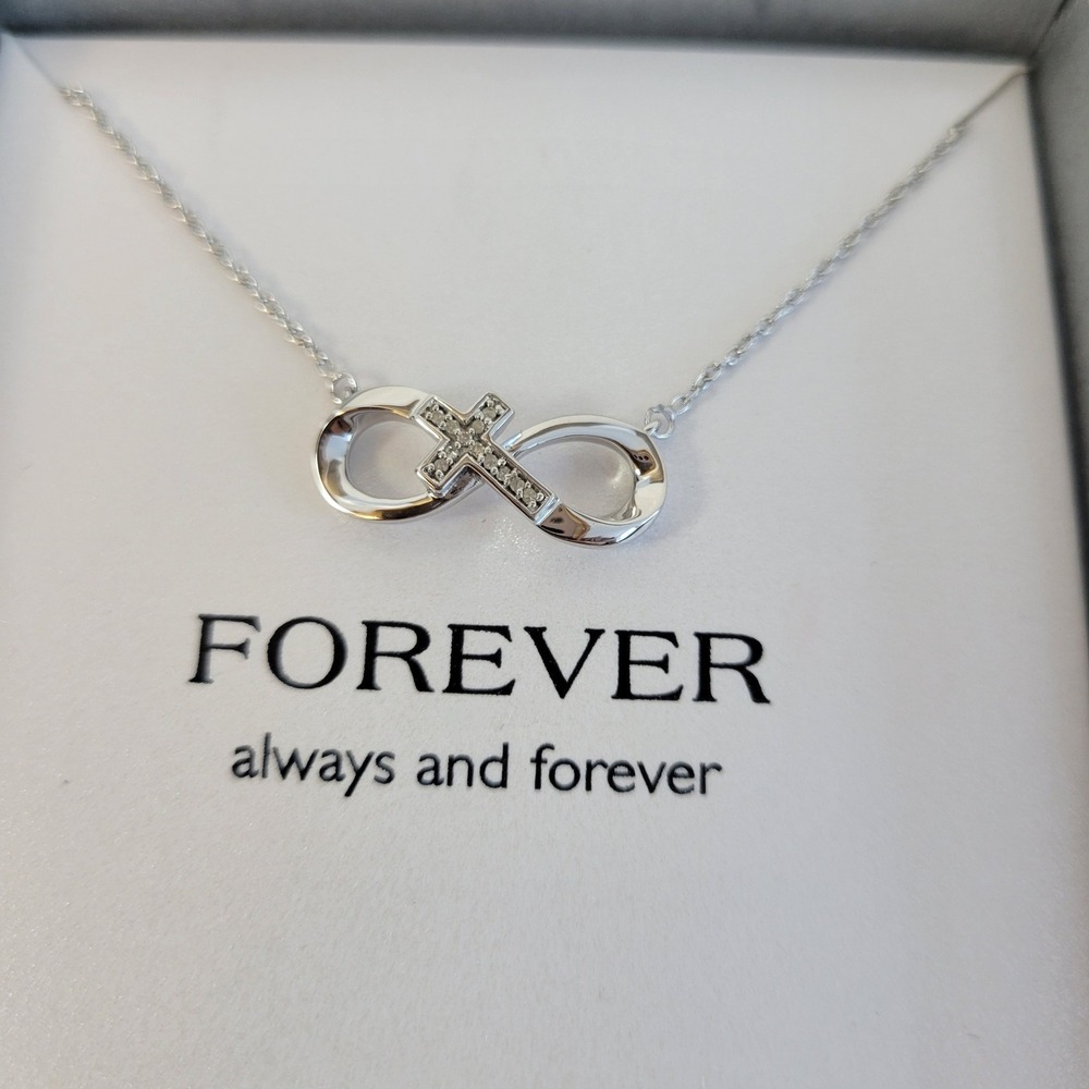 Sterling Silver Diamond Infinity Necklace Diamond Cross 18 Inch Adjustable Chain - Picture 2 of 10